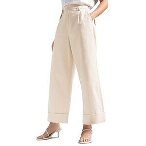 Ted Baker Trousers Pants Womens Size 6 Beige 100% Cotton Wide Leg Rolled Cuffs